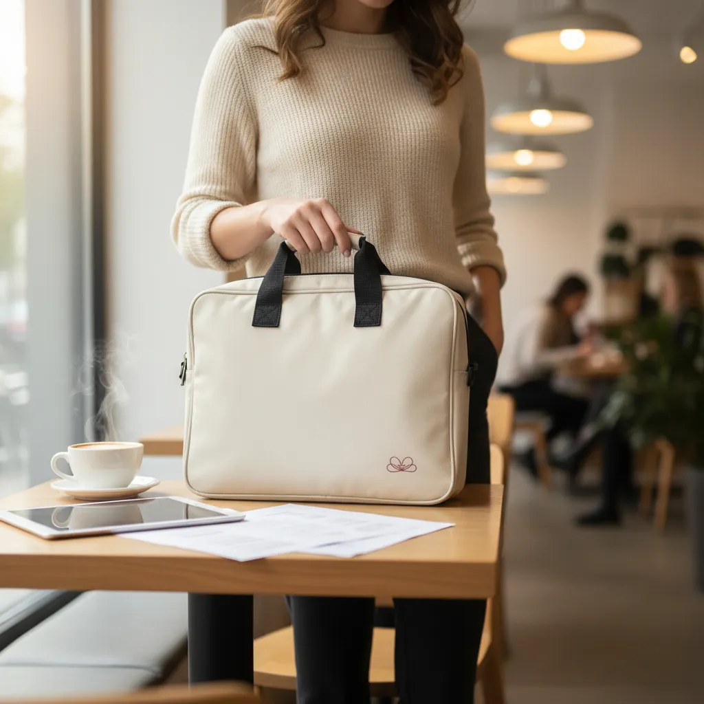 torba-dokumenty-biuro-kawa-styl Torba na dokumenty na stoliku w pracy obok kawy elegancki styl